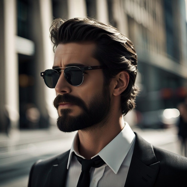 Um jovem hipster de terno preto, barba preta e óculos de sol posa modalmente