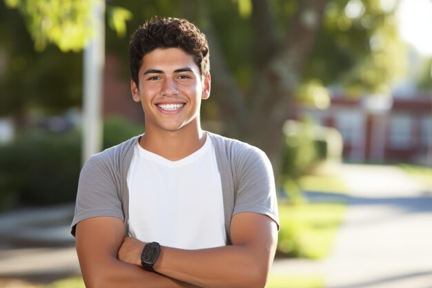 Um jovem hispânico sorri para a câmara