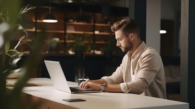 um jovem homem branco trabalhando com seu laptop no fundo da sala de escritório