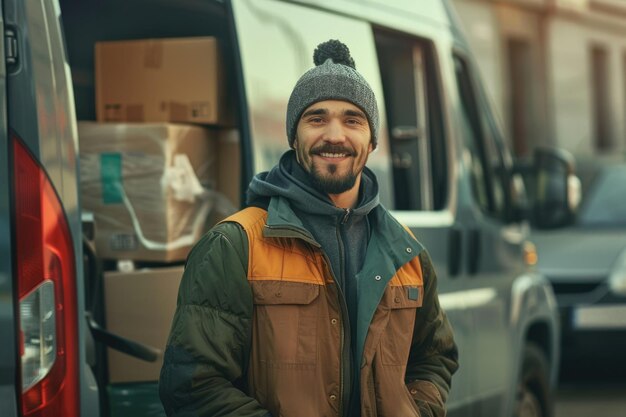 Um jovem homem de correio de entrega de correio sorrindo na frente de uma carrinha de carga entregando um pacote