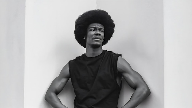 Um jovem irônico, pensativo e bonito com um afro vestindo uma camiseta preta de algodão sem mangas em branco.