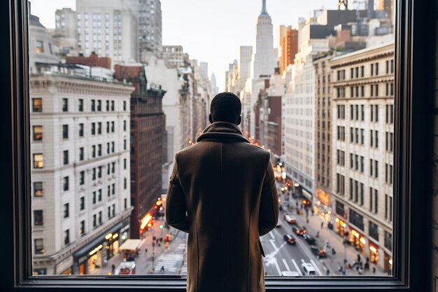 Um jovem irreconhecível observa a cidade de uma janela de um apartamento