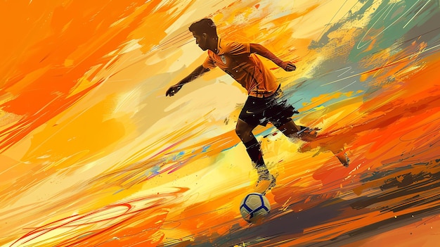 Um jovem jogador de futebol masculino de camisa amarela está driblando a bola passando por defensores O fundo é um borrão de laranja e amarelo
