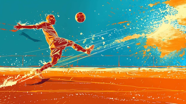 Um jovem jogador de futebol masculino em um uniforme azul e laranja está chutando uma bola de futeball O fundo é um laranja brilhante