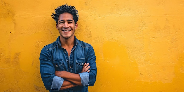 Foto um jovem latino contente posando com os braços cruzados e uma expressão alegre contra um pano de fundo amarelo