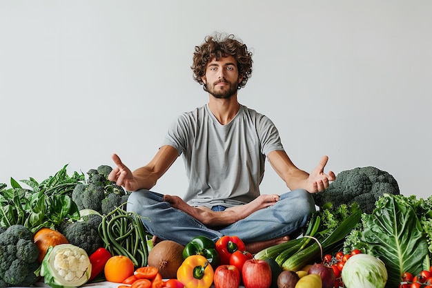 Um jovem macho sobre um fundo branco cercado por frutas e legumes na postura de lótus questões de saúde e espaço IA generativa