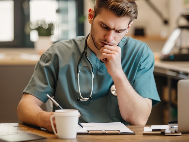 Um jovem médico a escrever na sua secretária.