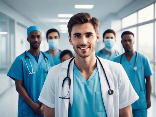 Um jovem médico atraente e bonito liderando uma equipe de profissionais de saúde no hospital