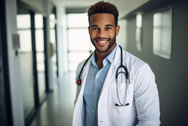 Foto um jovem médico confiante com um estetoscópio a sorrir no corredor de uma clínica.