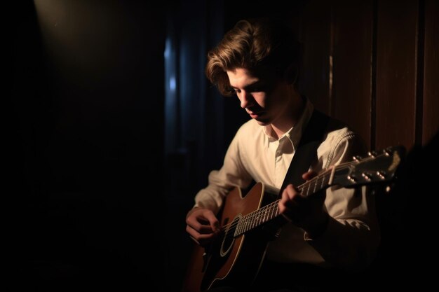 Um jovem músico bonito tocando sua guitarra em uma sala mal iluminada criada com IA generativa