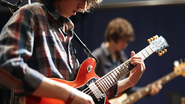 Um jovem músico toca a guitarra elétrica com paixão e habilidade perdida no momento de criar música