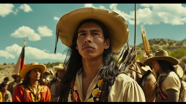 Foto um jovem nativo americano vestindo um chapéu tradicional e roupas de pele de cavalo está no deserto olhando para a distância