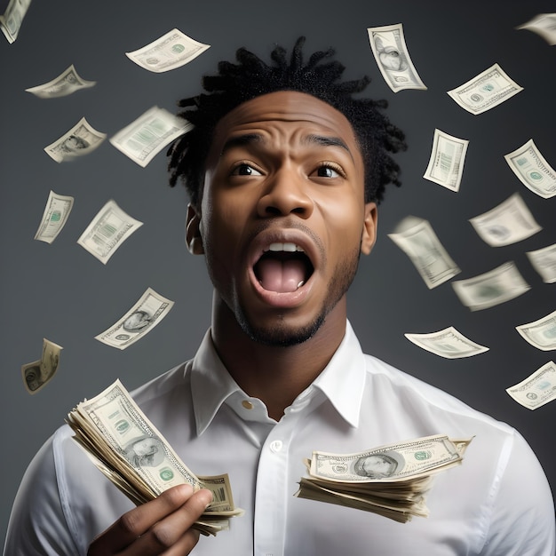 Foto um jovem negro de boa aparência, cercado de dinheiro voador, com a boca aberta.