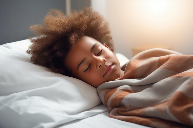 Um jovem negro descansa em uma cama confortável na hora de dormir