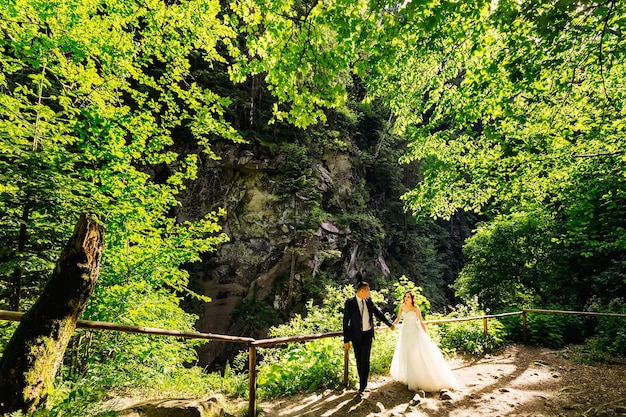 Um jovem noivo de terno azul caminha pelo parque com plantas verdes segurando a mão de uma linda noiva de cabelos cacheados em um vestido longo branco Retrato de casamento de noivos apaixonados