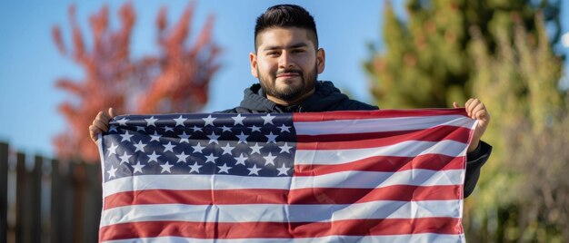 Um jovem orgulhoso segura a bandeira americana com folhagem de outono no fundo simbolizando patriotismo e mudança