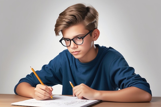 Foto um jovem ou um adolescente sentado numa secretária com um lápis na mão a pensar que pode estar a escrever uma ficção.