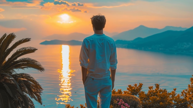 Foto um jovem pacificamente encontra o pôr-do-sol em um jardim com vista para as montanhas e o mar a cauc