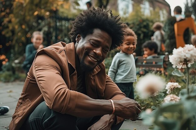 Um jovem pai asiático ajoelhado abraçando a criança no jardim Ilustração de IA generativa