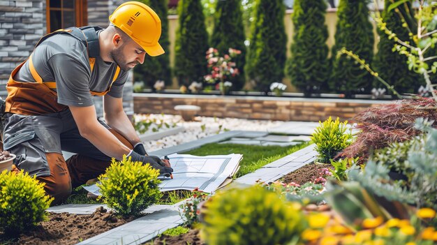 Foto um jovem paisagista de chapéu duro ajoelha-se em um jardim e olha para um plano. ele está usando um cinto de ferramentas e tem um lápis na mão.