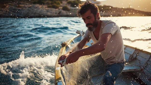 Um jovem pescador de bigode em um barco puxa uma rede do mar pela manhã pescando no Mediterrâneo.