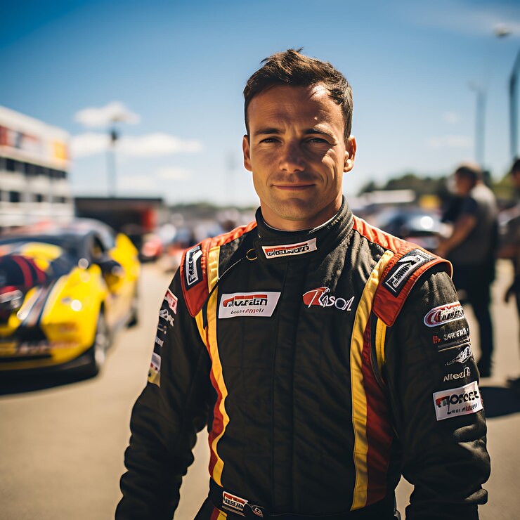 Foto um jovem piloto de carros de corrida está confiantemente na pista de boxes vestindo seu terno de corrida e capacete