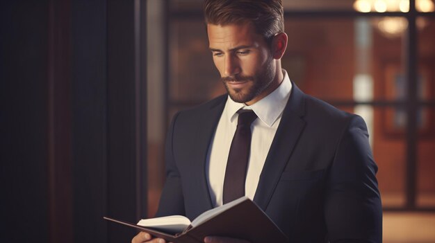 Foto um jovem profissional elegante armado com um caderno entrou no escritório