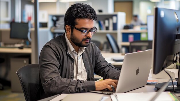 Um jovem profissional está trabalhando em seu laptop em um ambiente de escritório