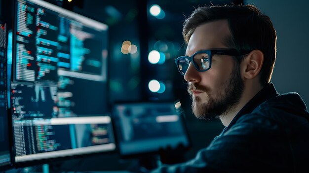 Foto um jovem programador focado a trabalhar tarde da noite no seu computador, está a usar óculos e uma camisa escura.