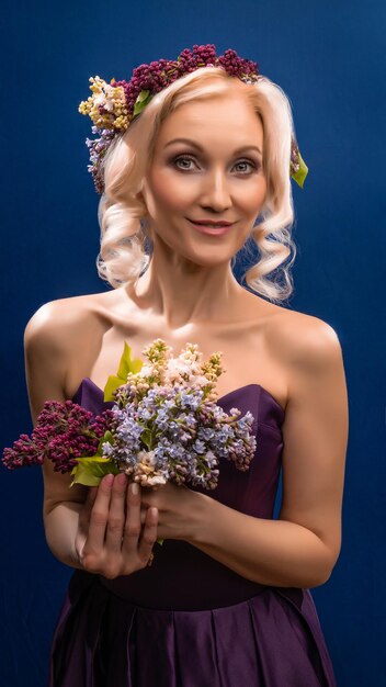 Um jovem próspero maravilhoso em uma coroa lilás com lábios delicados floresce com luz do dia brilhante