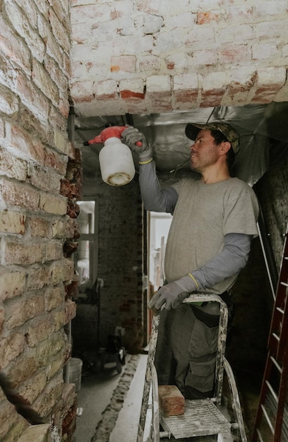 Um jovem pulveriza água de uma garrafa de spray sobre os tijolos na porta