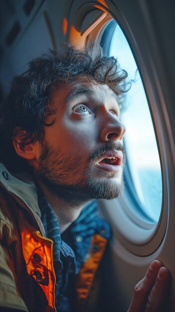 Foto um jovem que sofre de aviofobia em um avião está aterrorizado