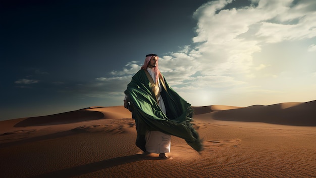 Foto um jovem saudita celebra o dia nacional saudita no deserto