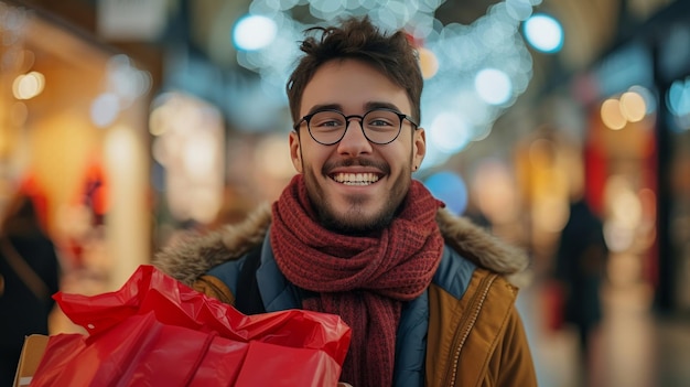 Um jovem se deleita em comprar presentes no centro comercial