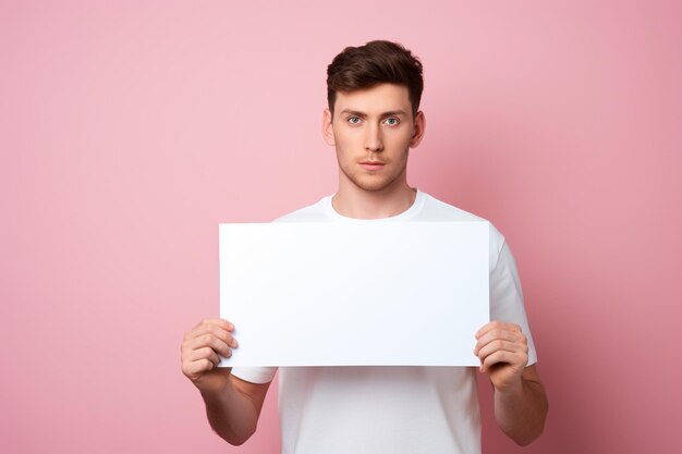 Um jovem segura uma folha de papel em branco e um fundo brilhante