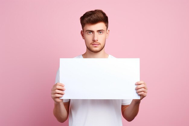 Um jovem segura uma folha de papel em branco e um fundo brilhante