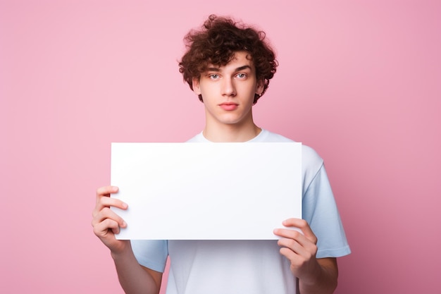 Um jovem segura uma folha de papel em branco e um fundo brilhante