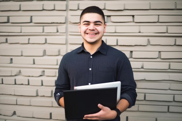 Um jovem segurando seu laptop com um sorriso criado com IA generativa