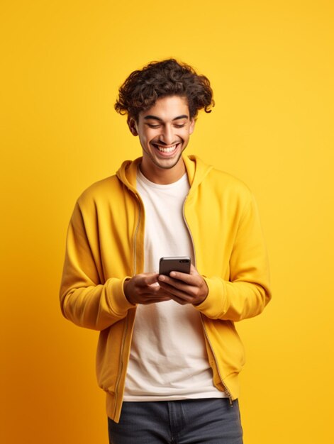 Foto um jovem segurando um celular e olhando para essa foto em um fundo de cor amarela