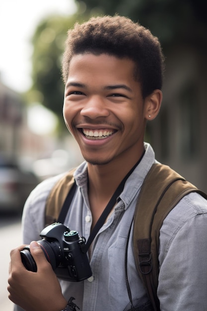 Foto um jovem segurando uma câmera do lado de fora e sorrindo criado com ia generativa