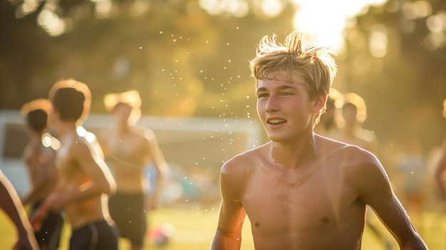 um jovem sem camisa totalmente imerso na alegria de jogar futebol com suor cobrindo seu corpo