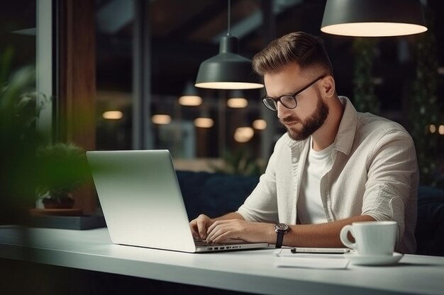 Um jovem senta-se em sua mesa e trabalha em seu laptop Trabalho de aprendizagem on-line