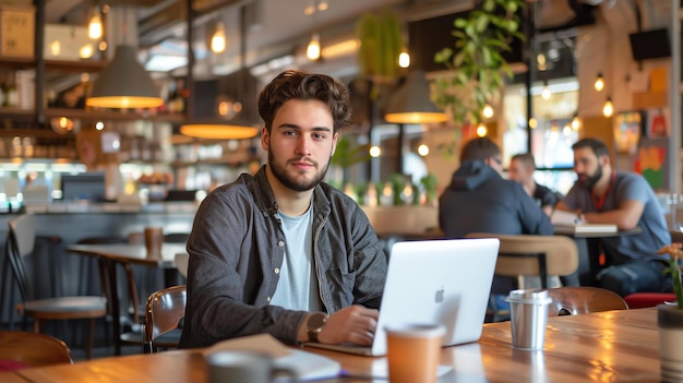 Um jovem senta-se em uma mesa em uma cafeteria e trabalha em seu laptop Ele está vestindo uma camisa casual e tem uma expressão relaxada em seu rosto