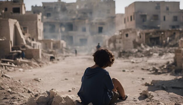 Foto um jovem senta-se no meio das ruínas de uma cidade antiga