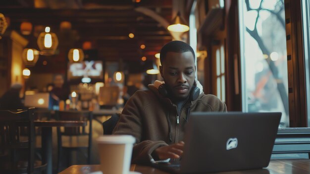 Um jovem senta-se num café e trabalha no seu portátil. Ele está a usar um casaco castanho e fones de ouvido.