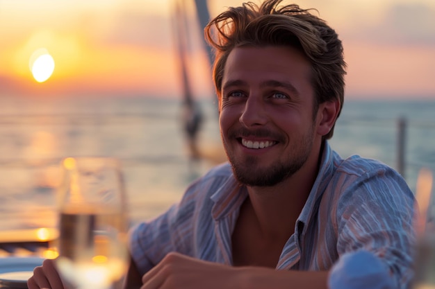 Um jovem sorri calorosamente enquanto janta à beira-mar durante um belo pôr-do-sol