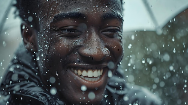 Um jovem sorri na chuva.