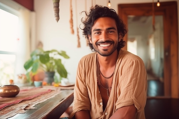 Foto um jovem sorridente com cabelos longos e roupas brancas hippie num quarto.