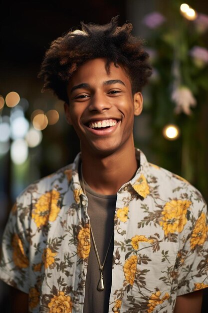 Foto um jovem sorridente com um top floral.