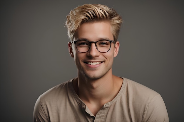 Um jovem sorridente de óculos e uma camisa